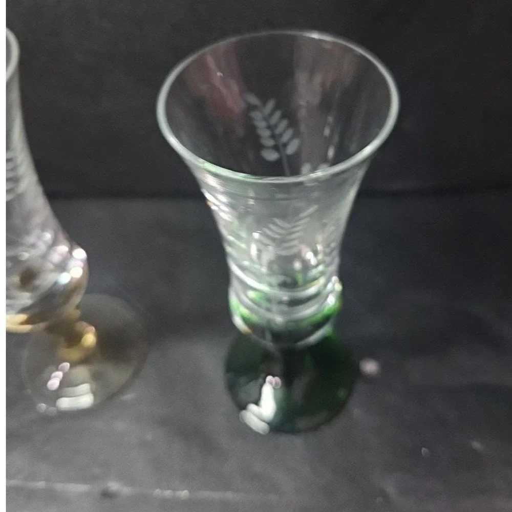 Etched Leaves Cordial Glasses, Set of 2, Vintage Green‎ & Yellow Stem Stemware